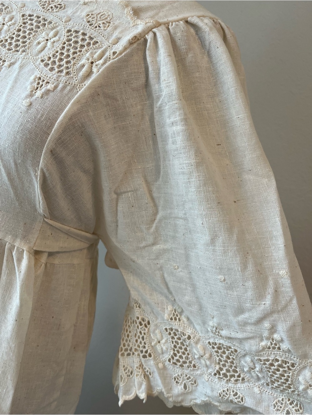 Vintage 70s Kaftan Dress Eyelet Cotton Blend Size L Gauzy Goddess Prairie USA - Picture 3 of 10